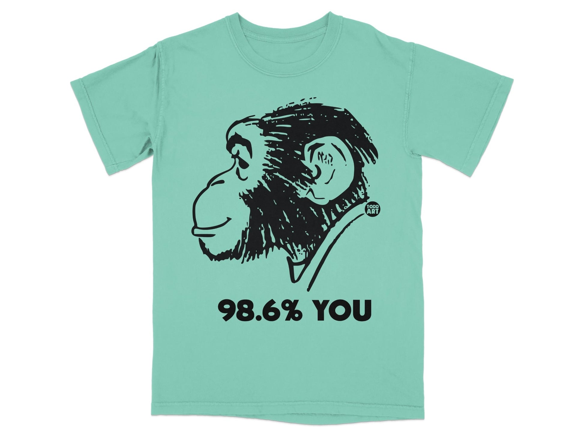 Mint green t-shirt with black chimpanzee graphic and text "98.6% YOU".
