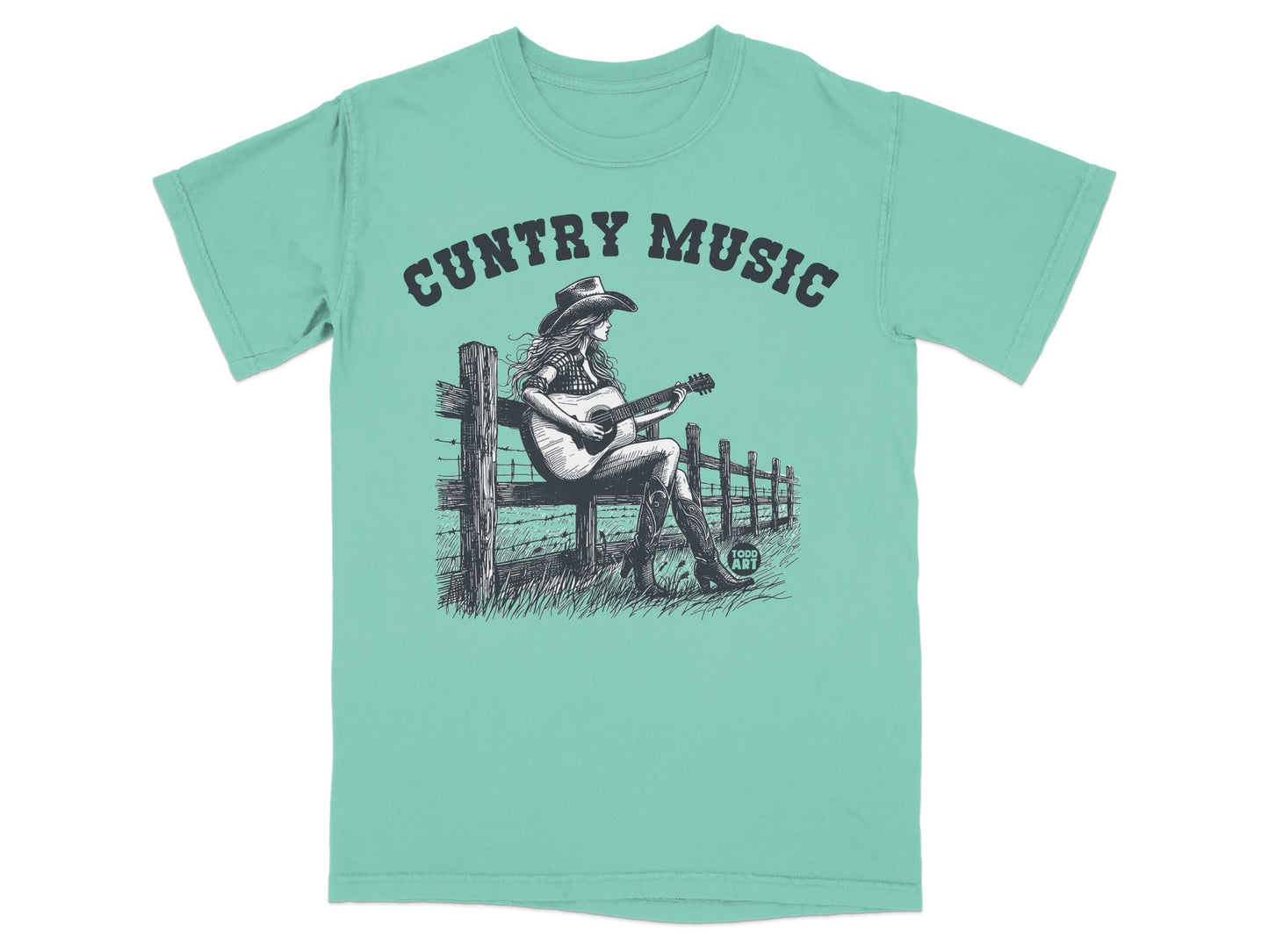 Woman in cowboy hat and boots playing guitar by fence, "Country Music" text.