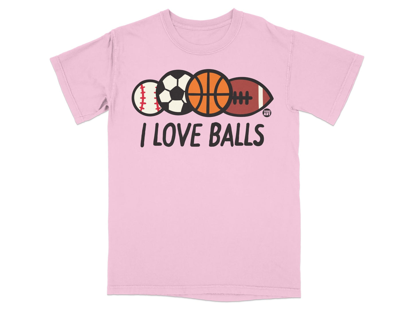 Pink t-shirt with baseball, basketball, football, and soccer ball graphics.