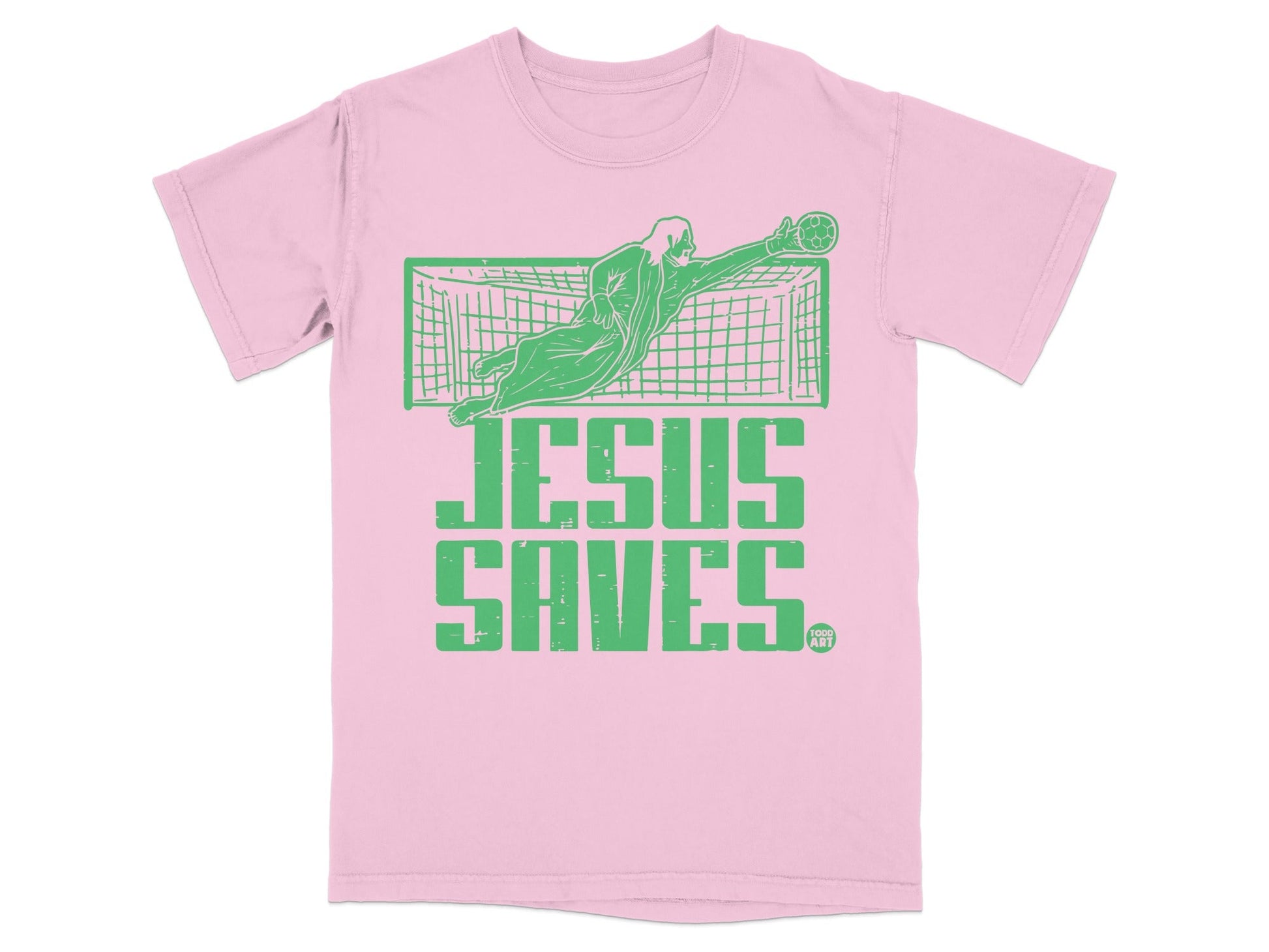 Pink t-shirt with green graphic of a goalkeeper and the text "JESUS SAVES".