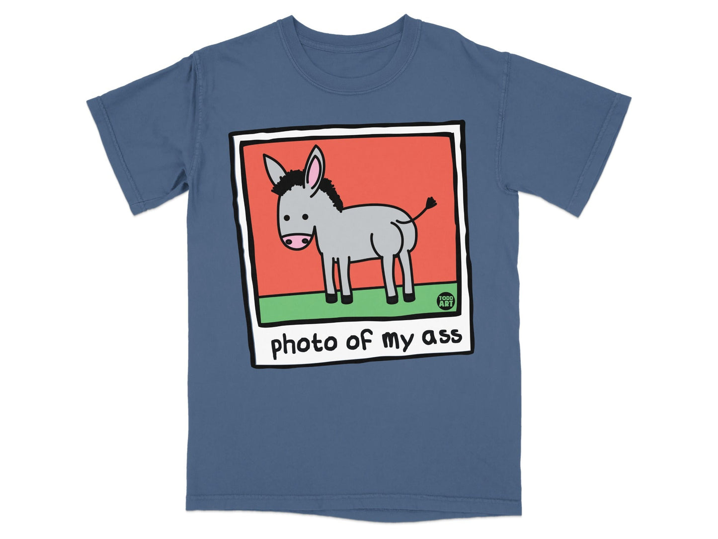 Blue t-shirt with a cartoon donkey wearing a tag that says "FOOD ART".