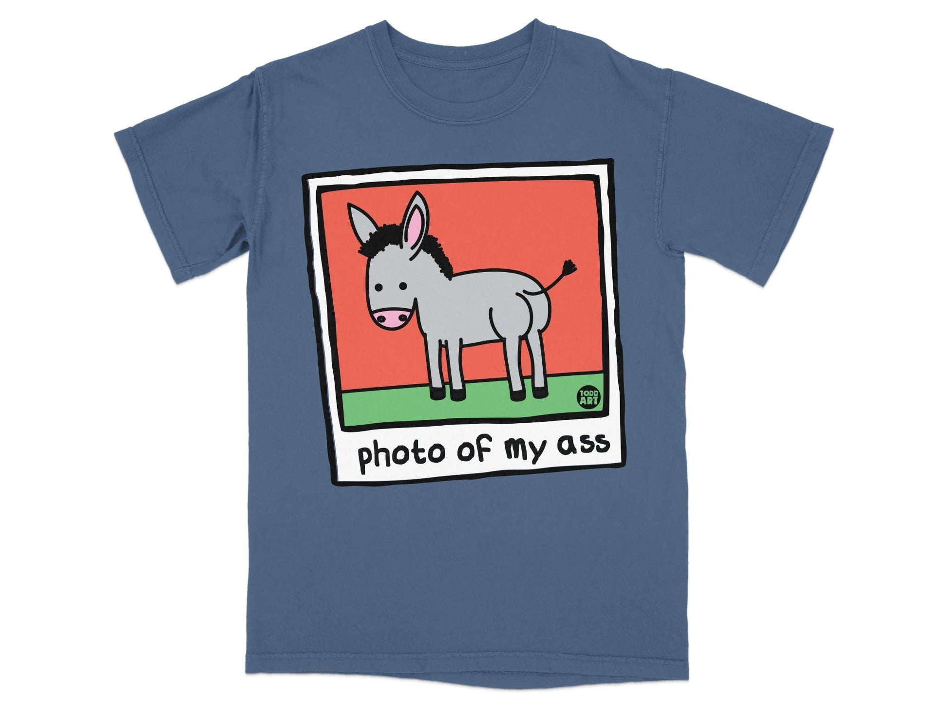 Blue t-shirt with a cartoon donkey wearing a tag that says "FOOD ART".