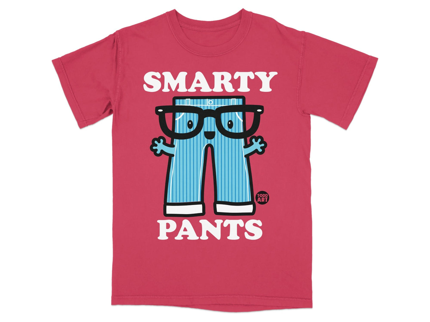 Cartoon character with glasses and striped pants on a red t-shirt.
