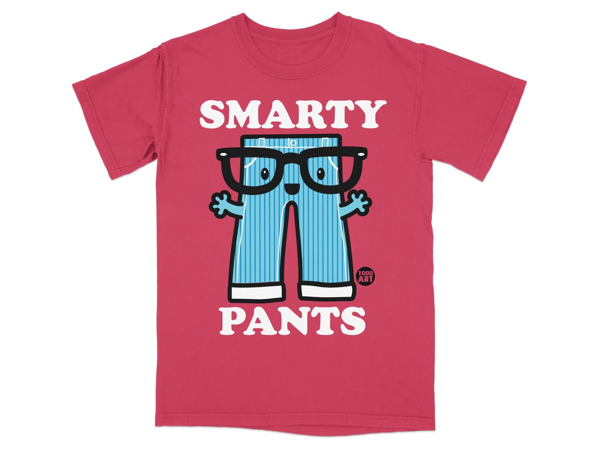 Cartoon character with glasses and striped pants on a red t-shirt.
