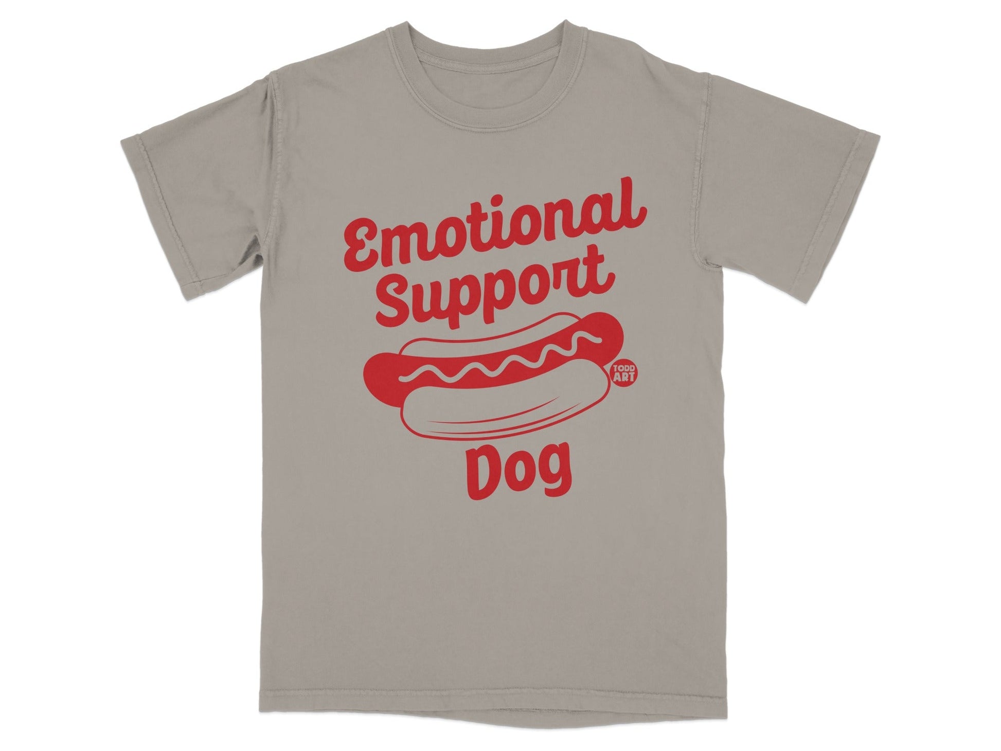 Grey t-shirt with red "Emotional Support Dog" text and hot dog graphic.