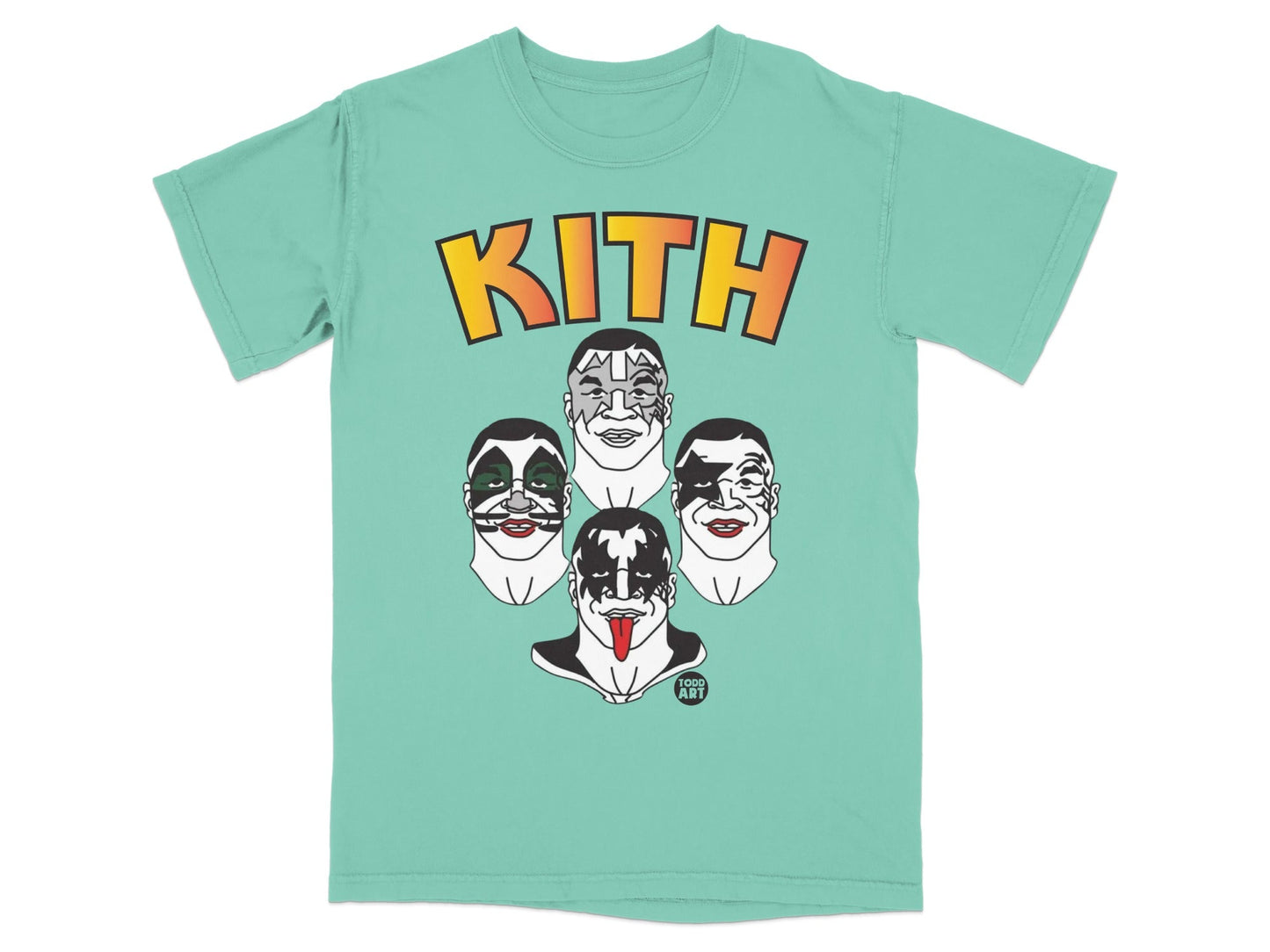 Kith t-shirt with cartoon faces of KISS band members and "Todd Art" logo.