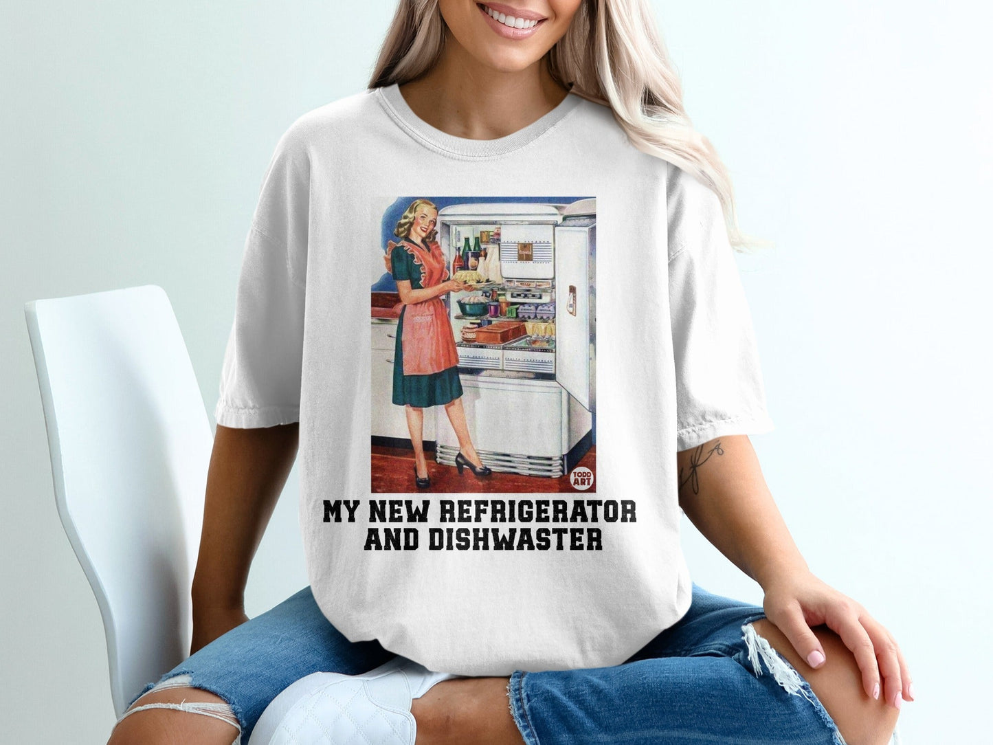 Woman in apron opens vintage refrigerator with text "MY NEW REFRIGERATOR AND DISHWASHER".