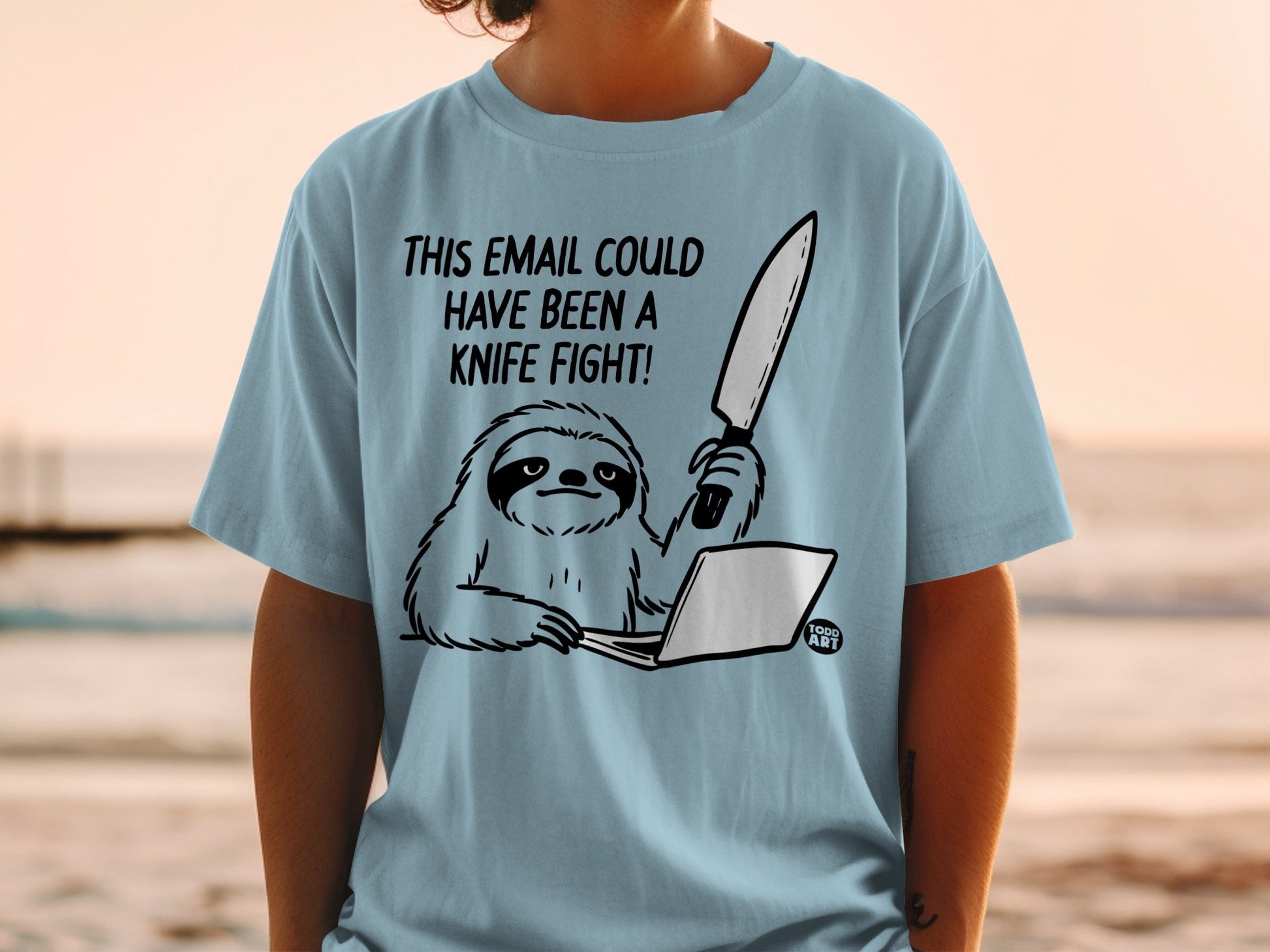Sloth with knife at laptop, text "THIS EMAIL COULD HAVE BEEN A KNIFE FIGHT".
