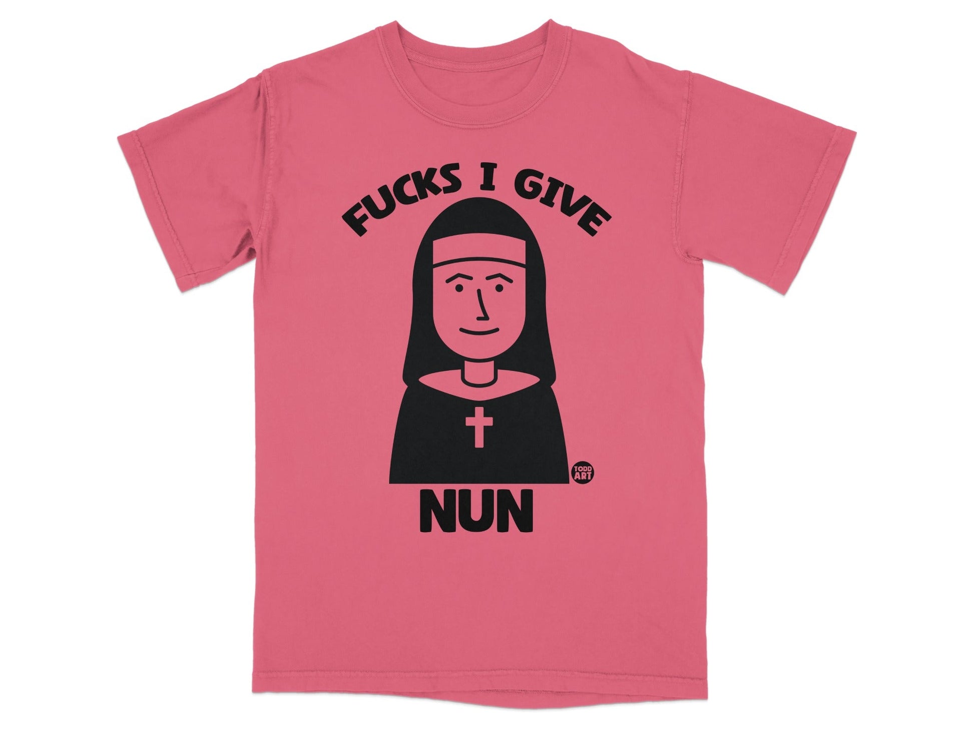 Pink t-shirt with cartoon nun illustration and "Fucks I Give NUN" text.
