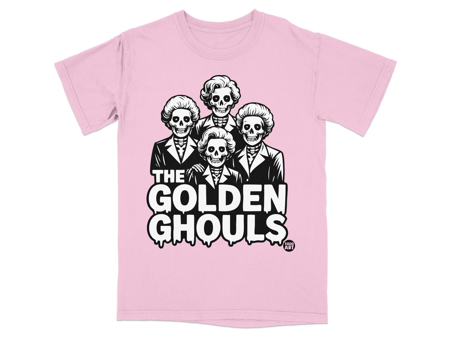 Four skull figures in suits and beehive wigs with "THE GOLDEN GHOULS" text.