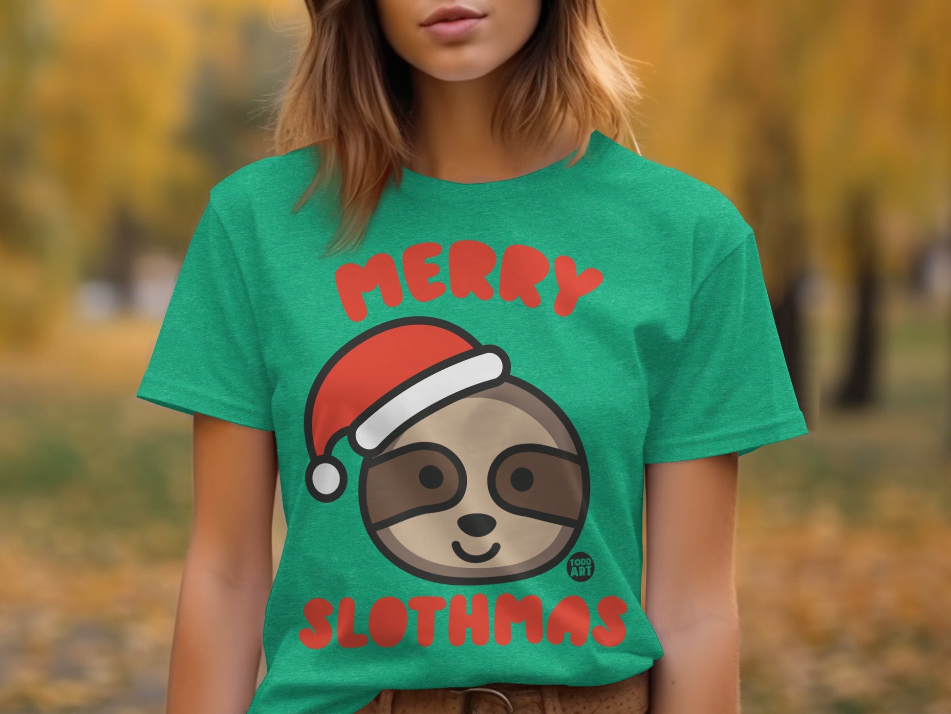 Merry Slothmas Santa Hat Sloth Green Shirt