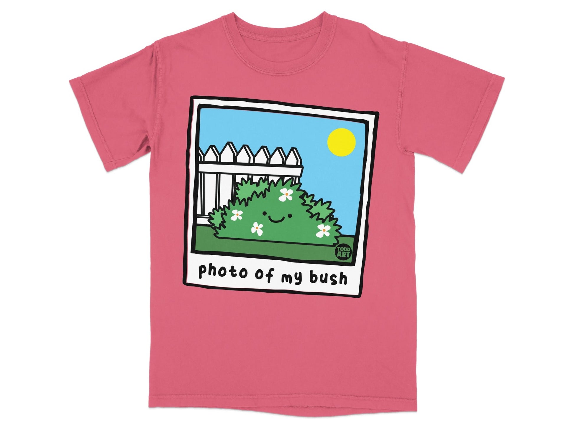 Pink t-shirt with illustration of a smiling bush under a sun.