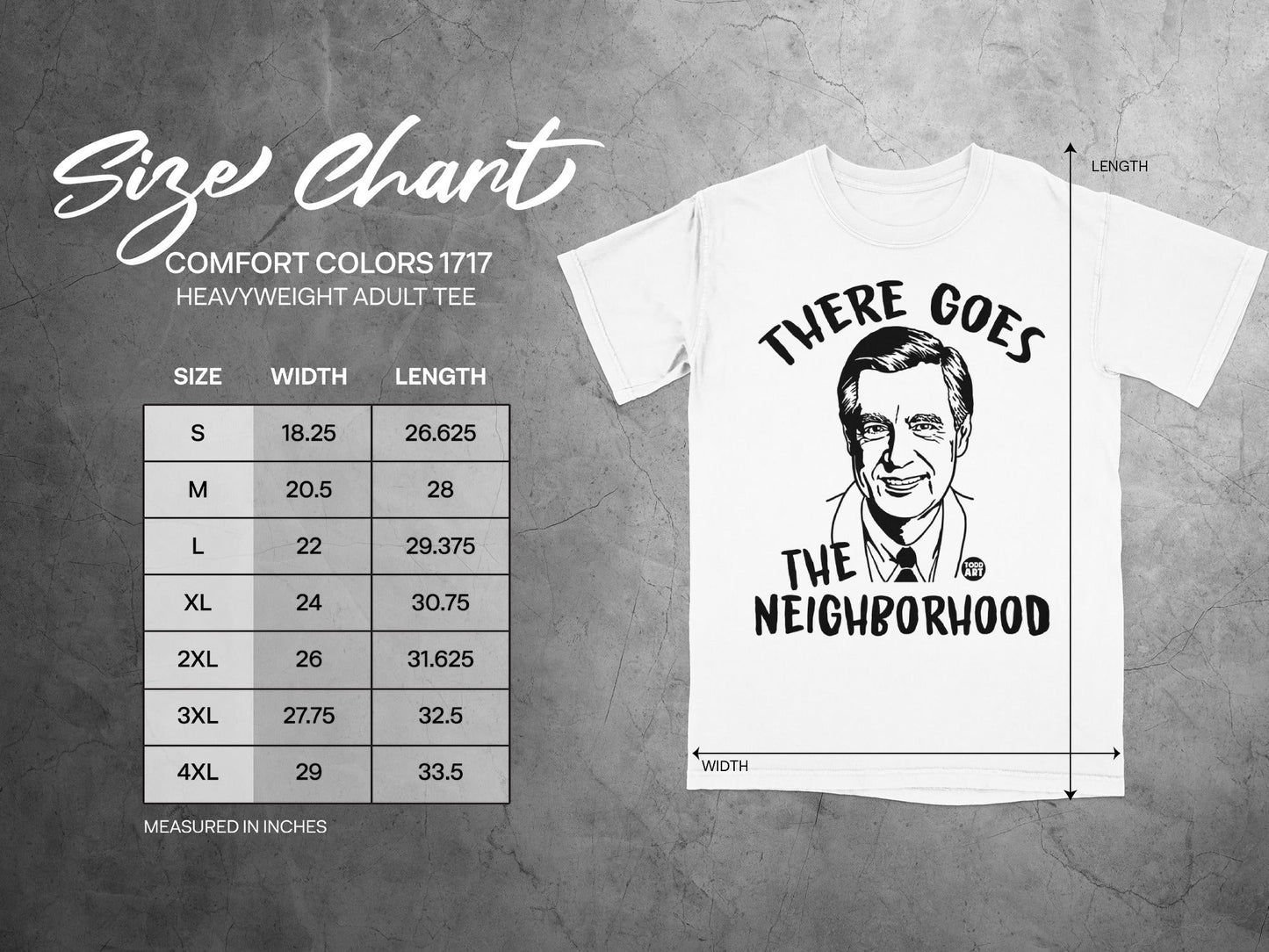 Size chart for Comfort Colors 1717 heavyweight adult tee with Mr. Rogers graphic.