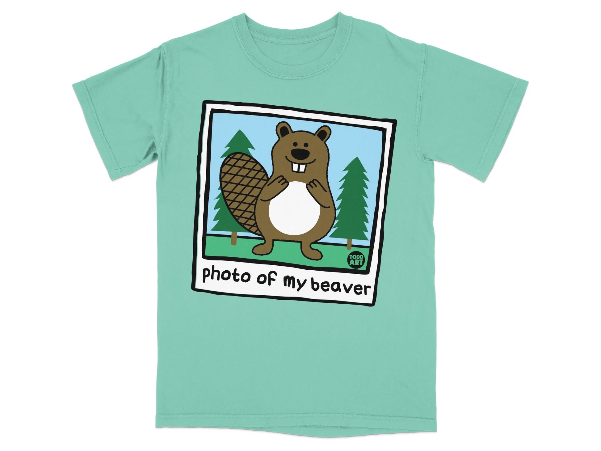 T-shirt with cartoon beaver in polaroid frame saying "photo of my beaver".