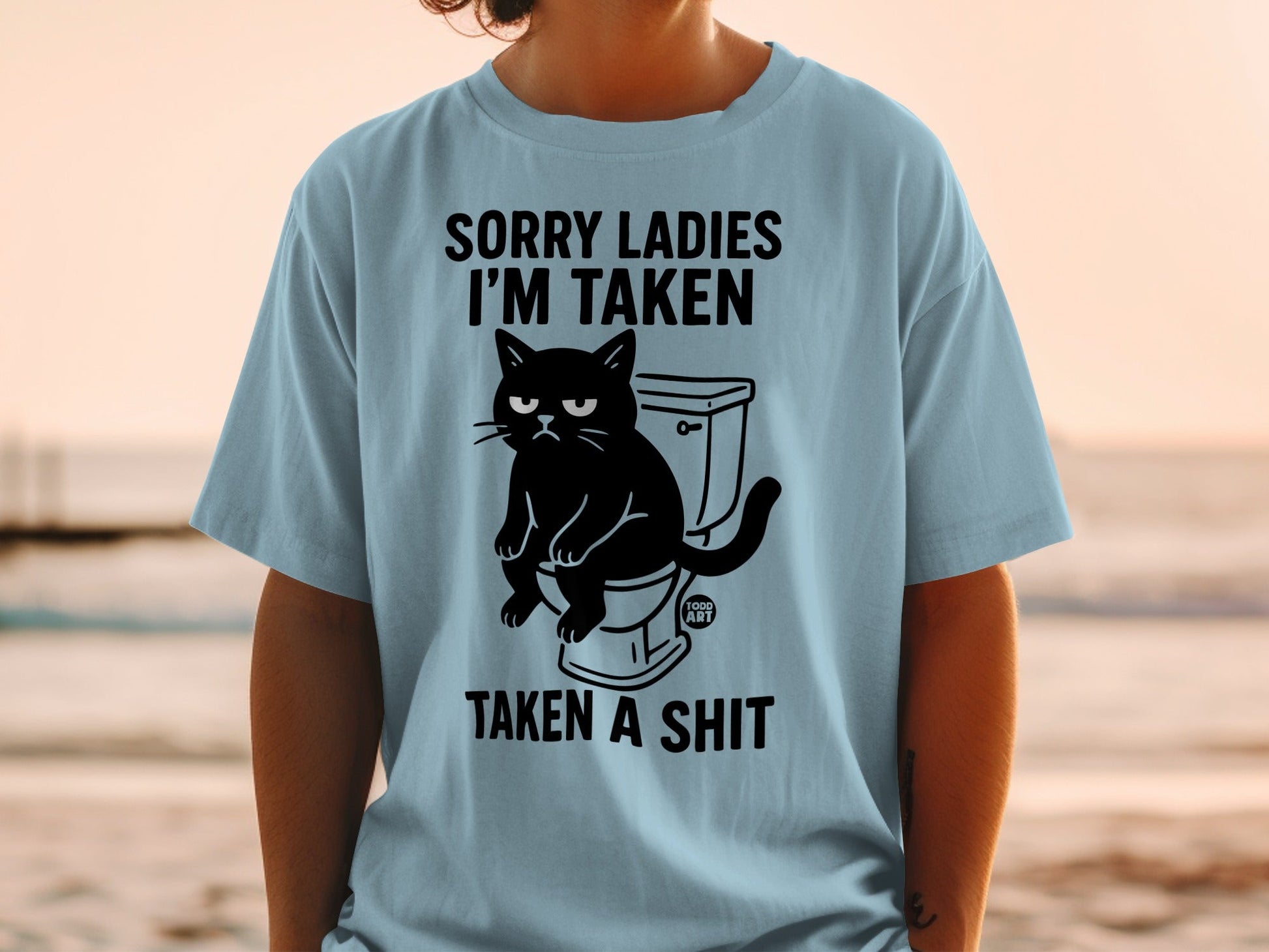 Black cat sitting on a toilet with text "SORRY LADIES I'M TAKEN TAKEN A SHIT".