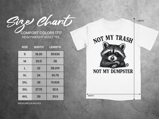Size chart for Comfort Colors 1717 heavyweight adult tee with raccoon graphic.