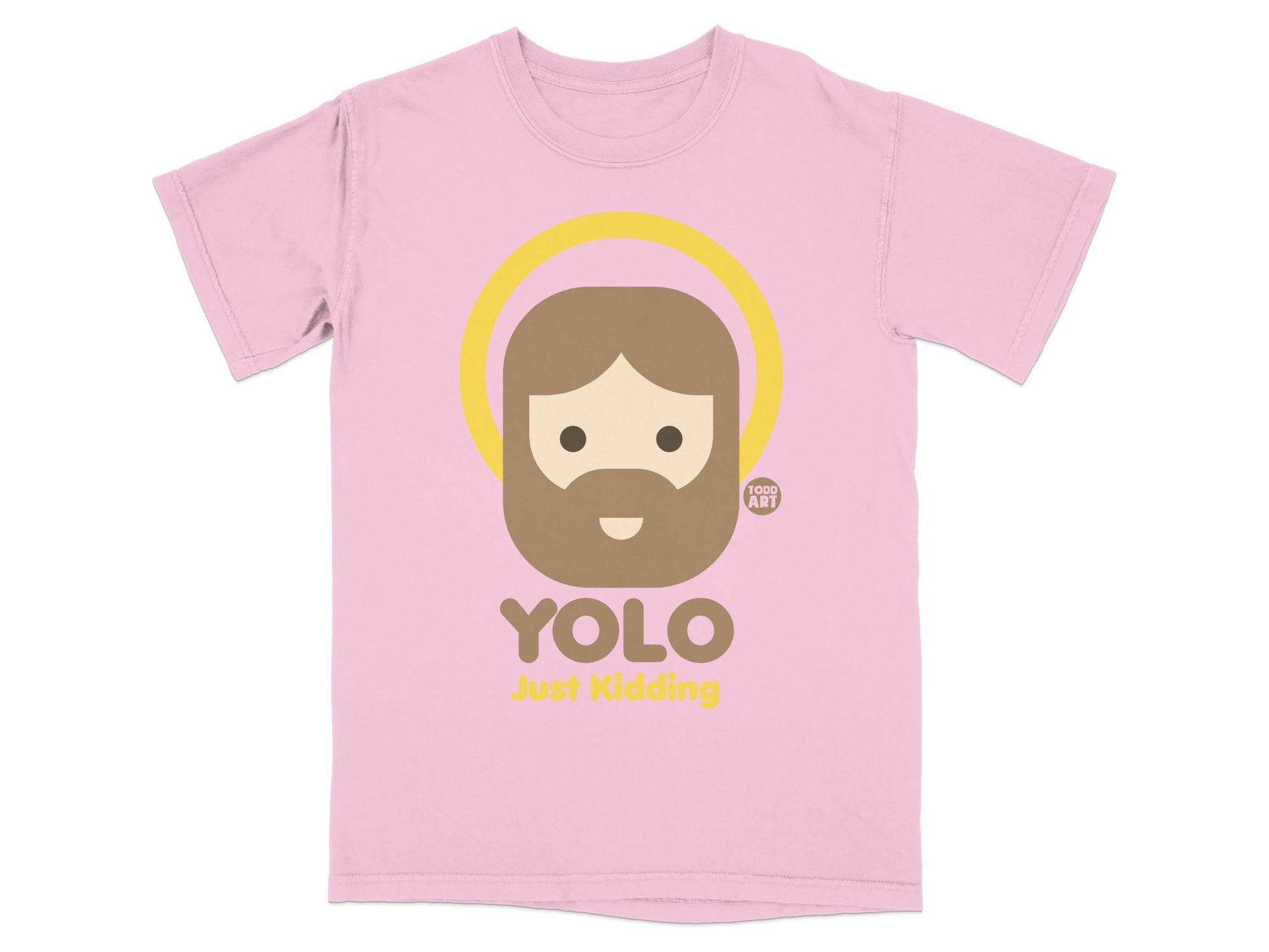 Pink t-shirt with a haloed cartoon face and "YOLO Just Kidding" text.