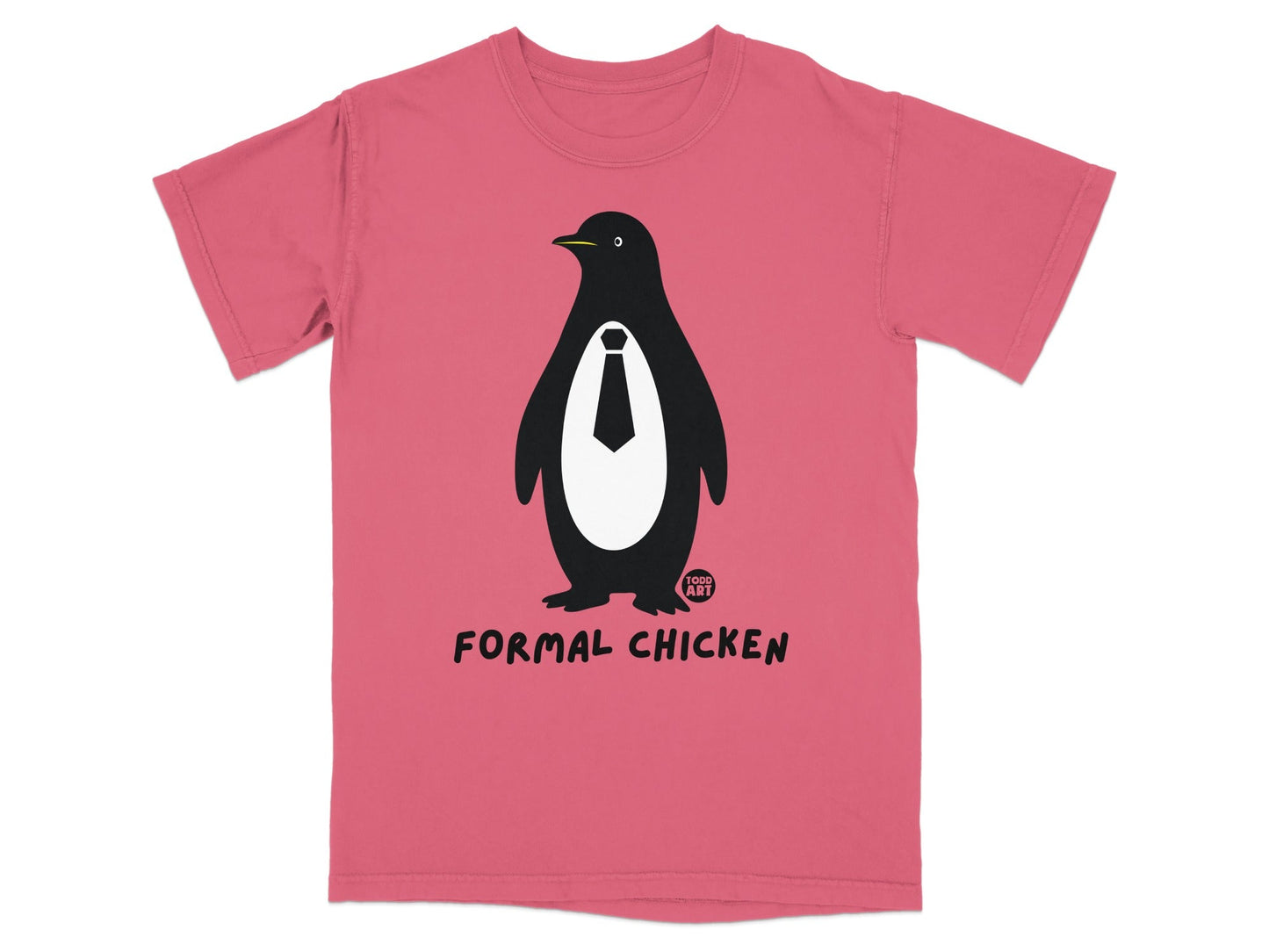 Pink t-shirt with a cartoon penguin wearing a tie and "FORMAL CHICKEN" text.