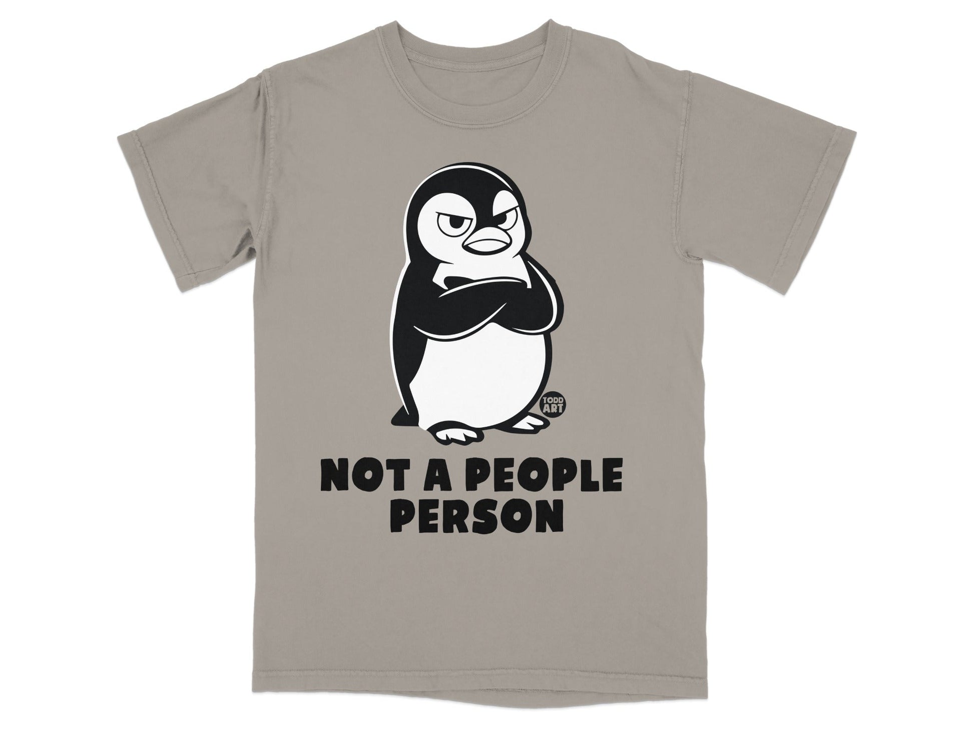 T-shirt with grumpy penguin and text "NOT A PEOPLE PERSON".
