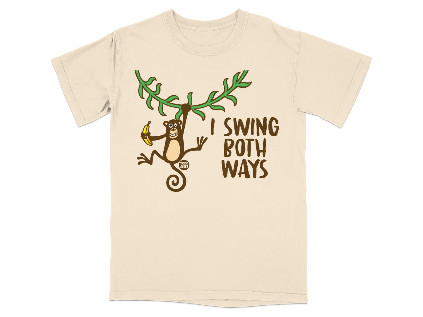 T-shirt with a monkey swinging and the text "I SWING BOTH WAYS".