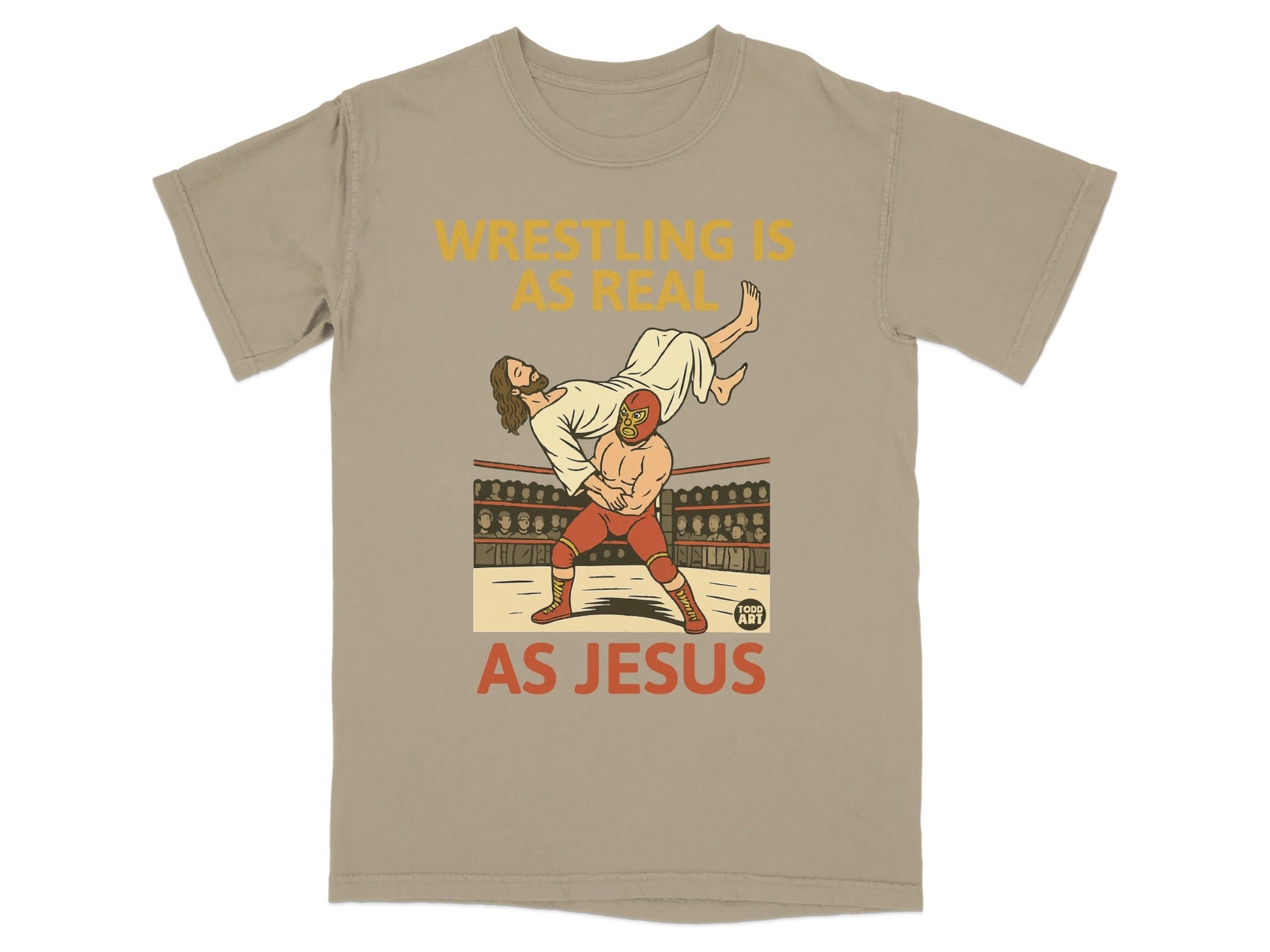 Jesus wrestling in a ring with "Wrestling is Real" text above.