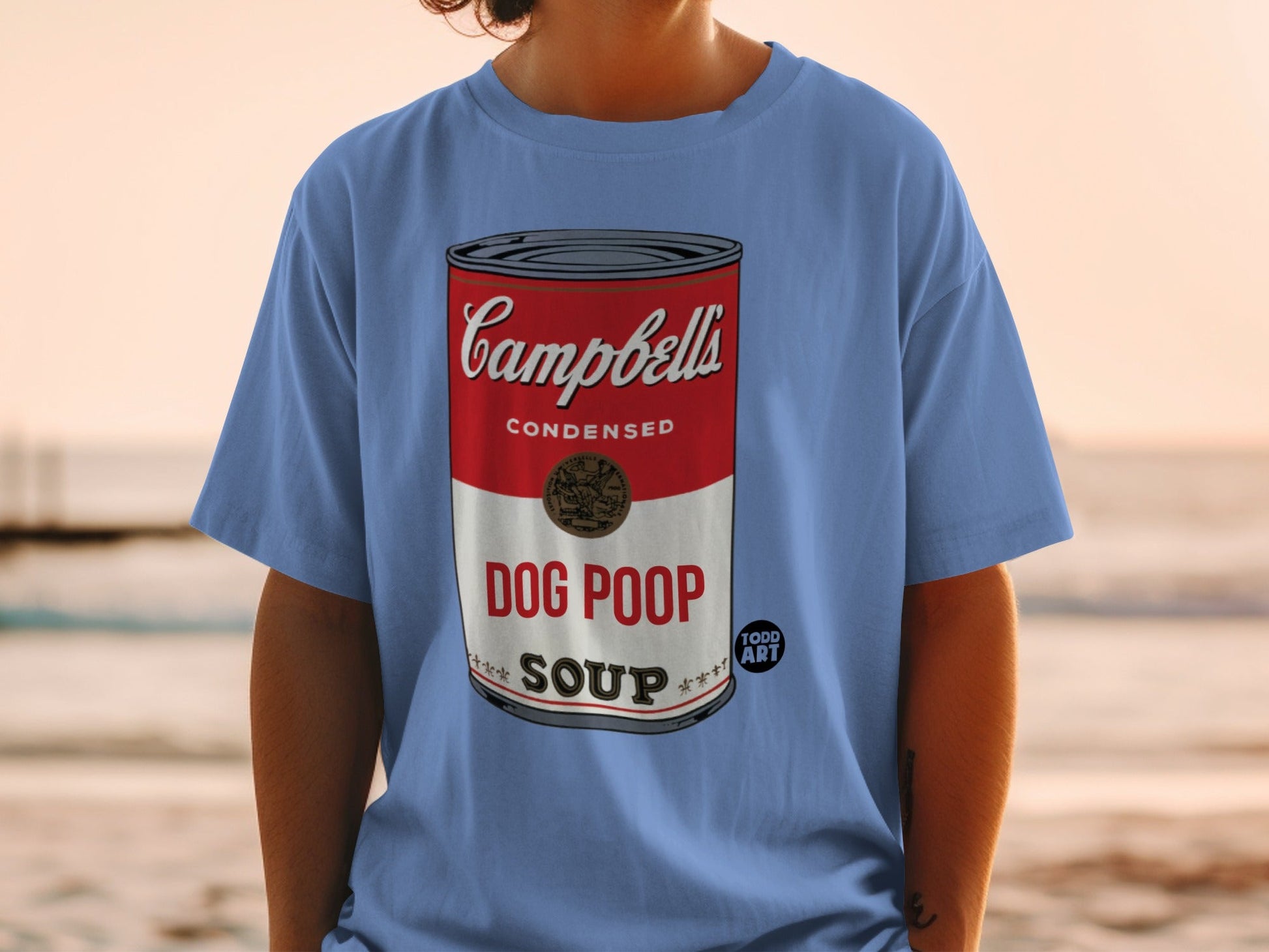 Campbell's Condensed Soup label parody on a blue t-shirt.