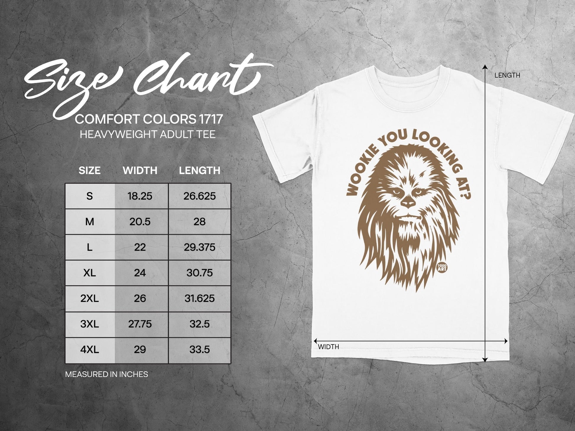 Size chart for Comfort Colors 1717 heavy adult tee with Wookiee graphic.