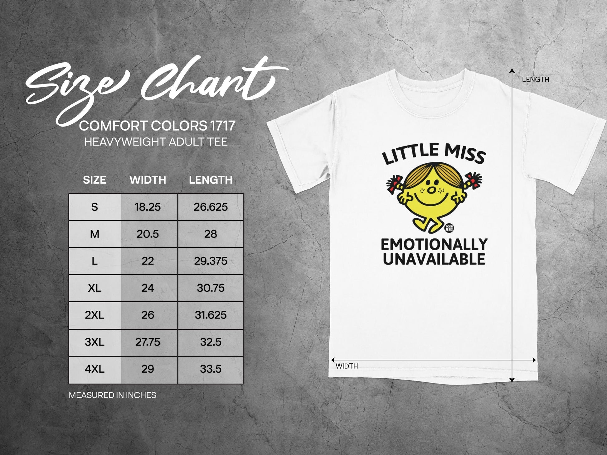 Comfort Colors 1717 size chart for heavyweight adult tee.