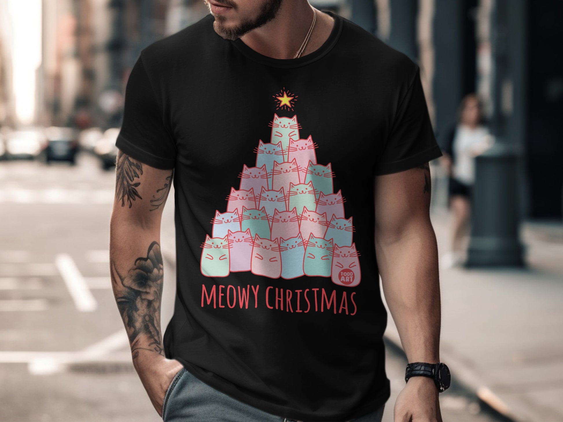 Meowy Christmas Cat T-Shirt for Festive Season Fun