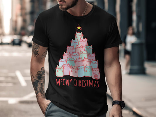 Meowy Christmas Cat T-Shirt for Festive Season Fun