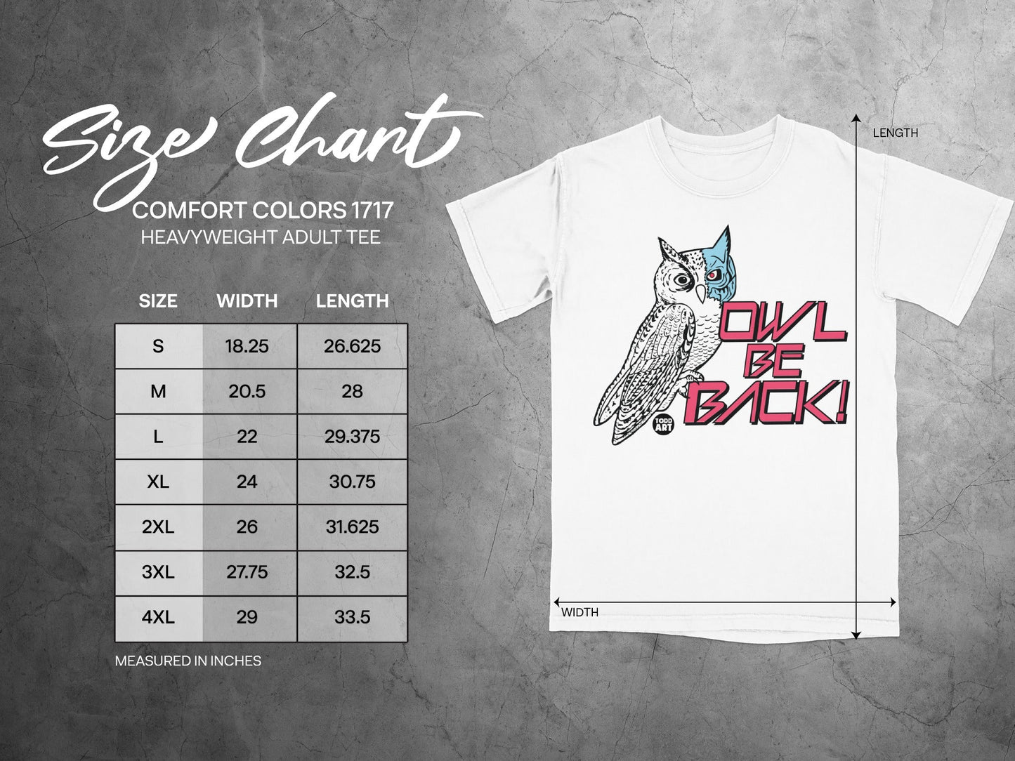 Size chart for Comfort Colors 1717 heavyweight adult tee with owl graphic.