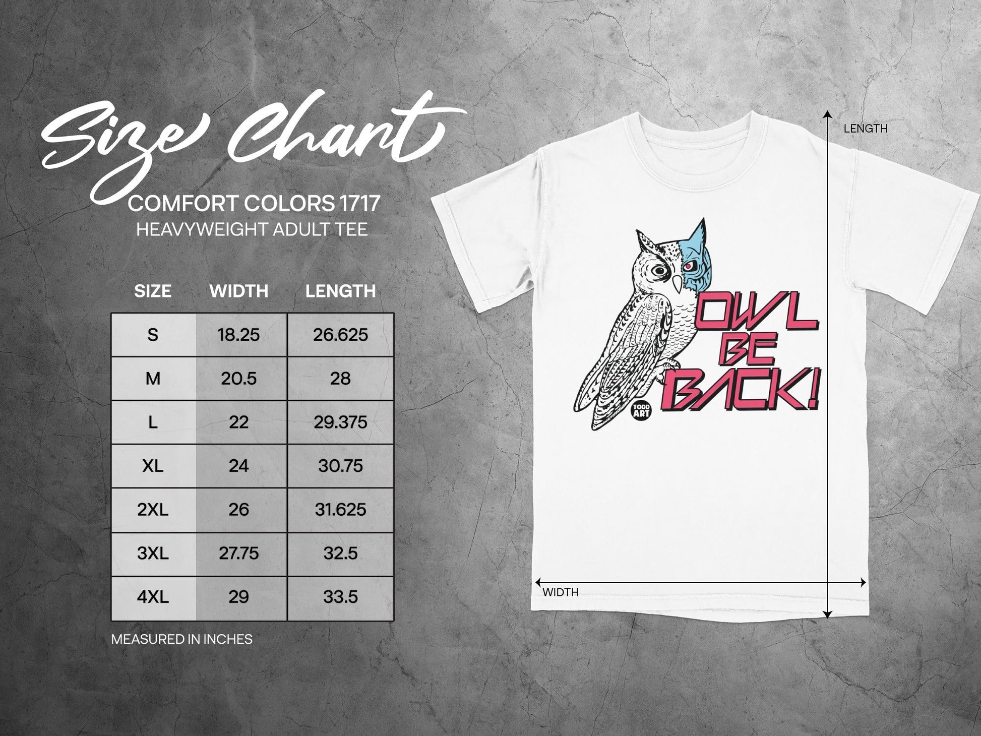Size chart for Comfort Colors 1717 heavyweight adult tee with owl graphic.