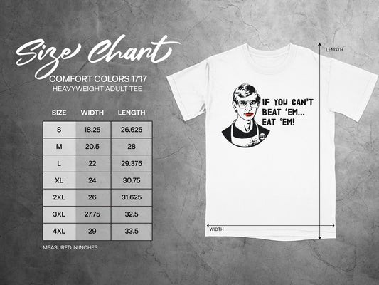 Size chart for Comfort Colors 1717 heavyweight adult tee with graphic.