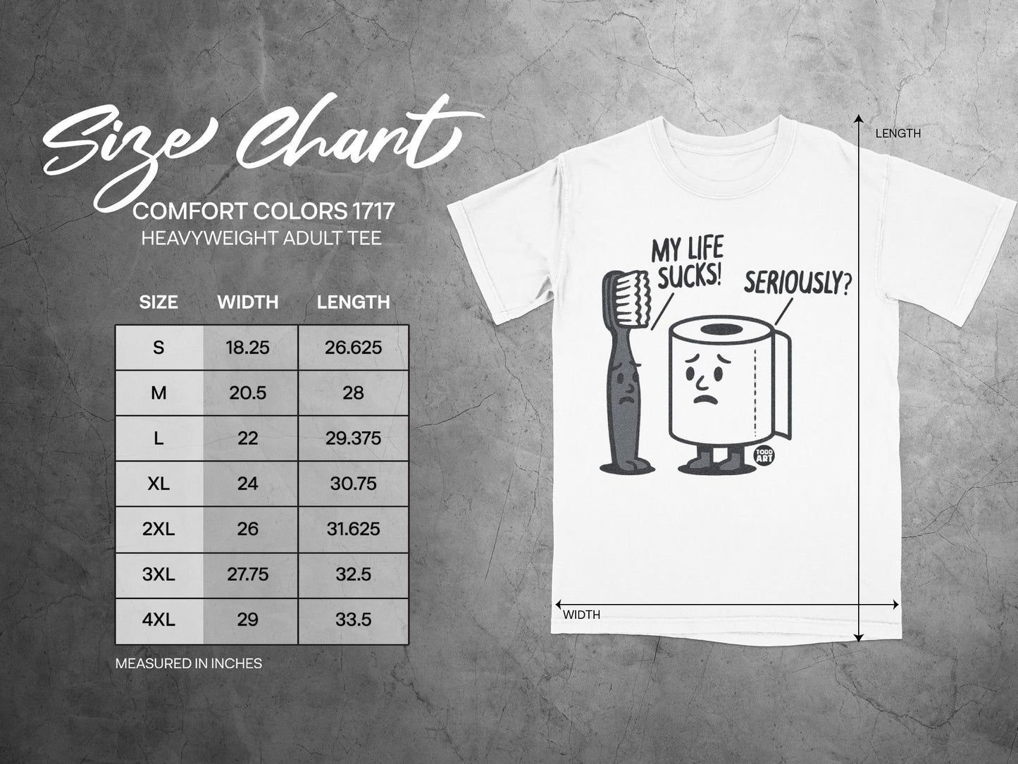 Comfort Colors 1717 heavyweight adult tee size chart with cartoon graphic.