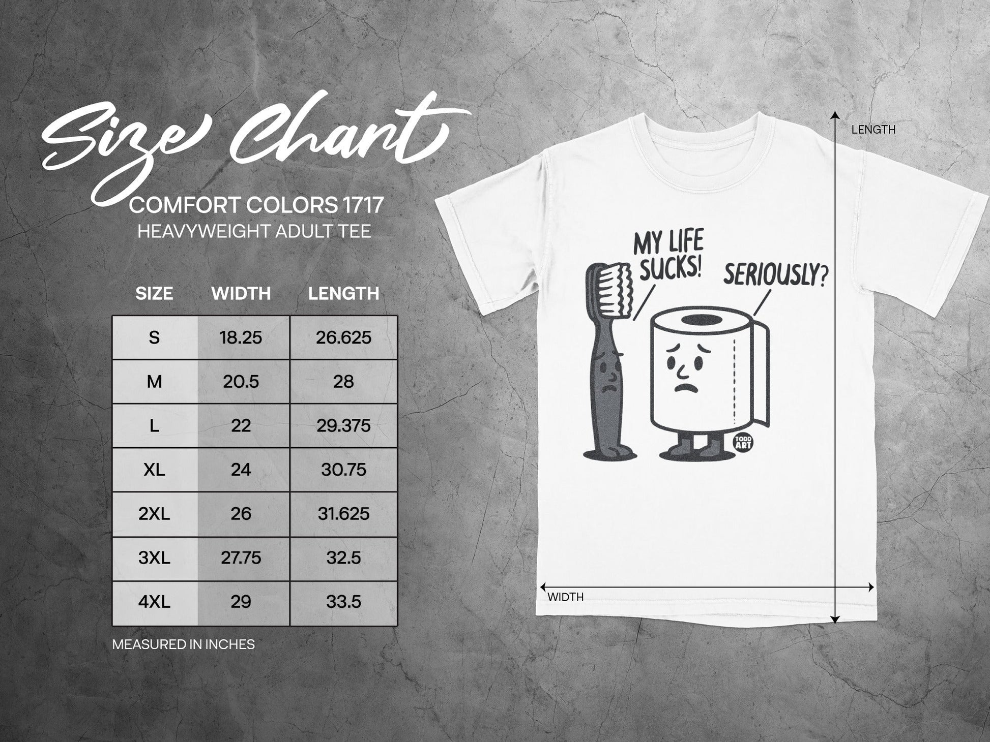 Comfort Colors 1717 heavyweight adult tee size chart with cartoon graphic.