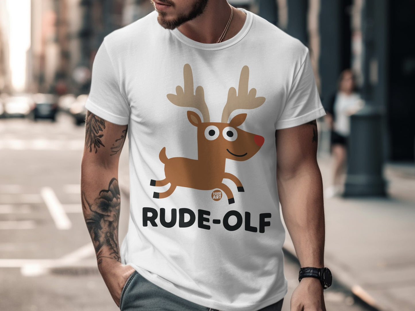 Funny Christmas Reindeer Pun T-Shirt With Rude-Olf Design