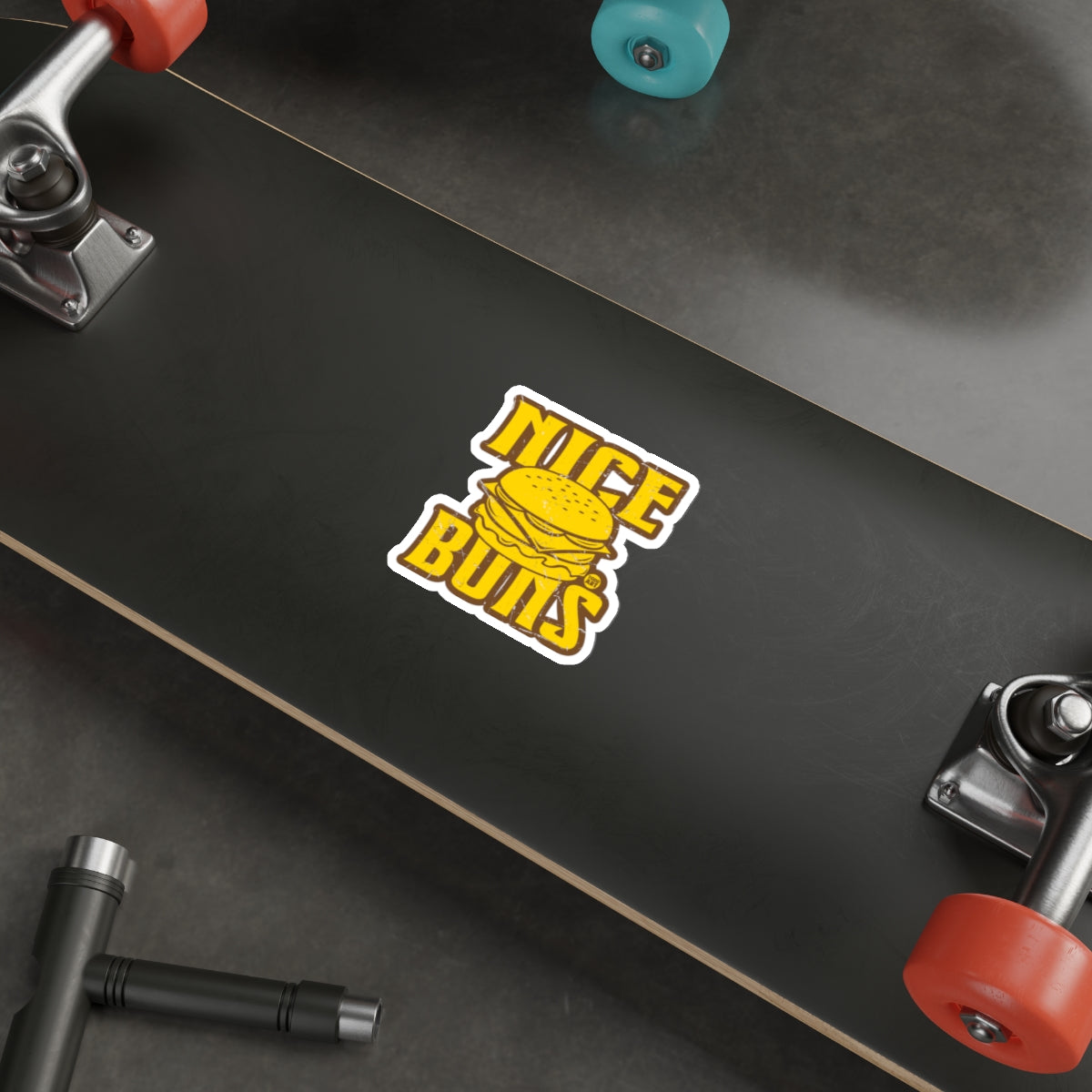 Nice Buns Burger Sticker on Skateboard Deck with Trucks