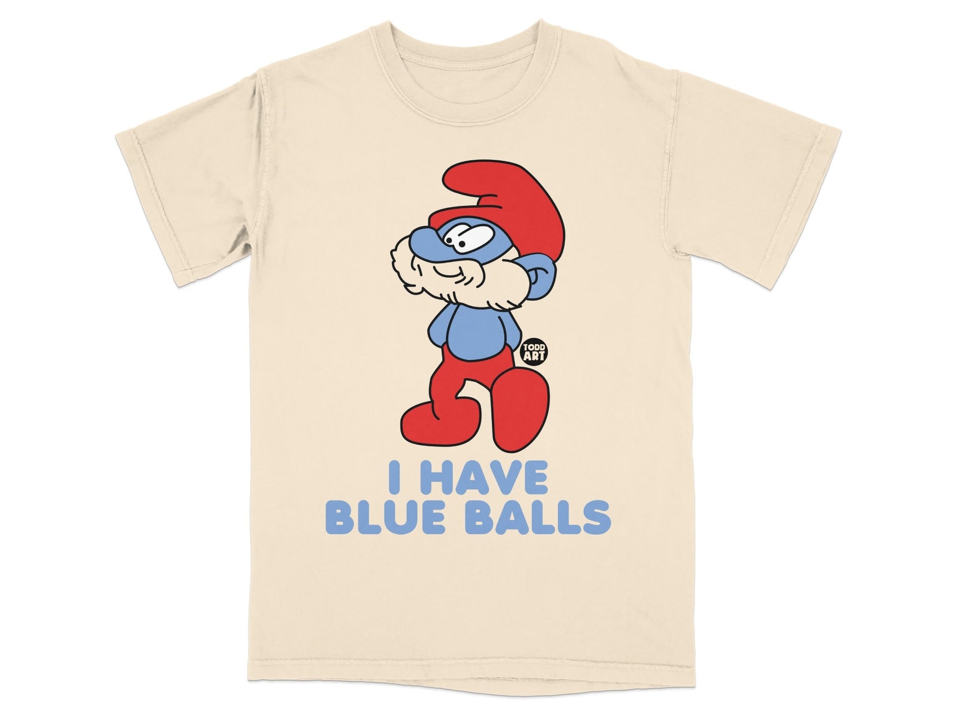 Cream t-shirt with a Smurf character and "I HAVE BLUE BALLS" text.