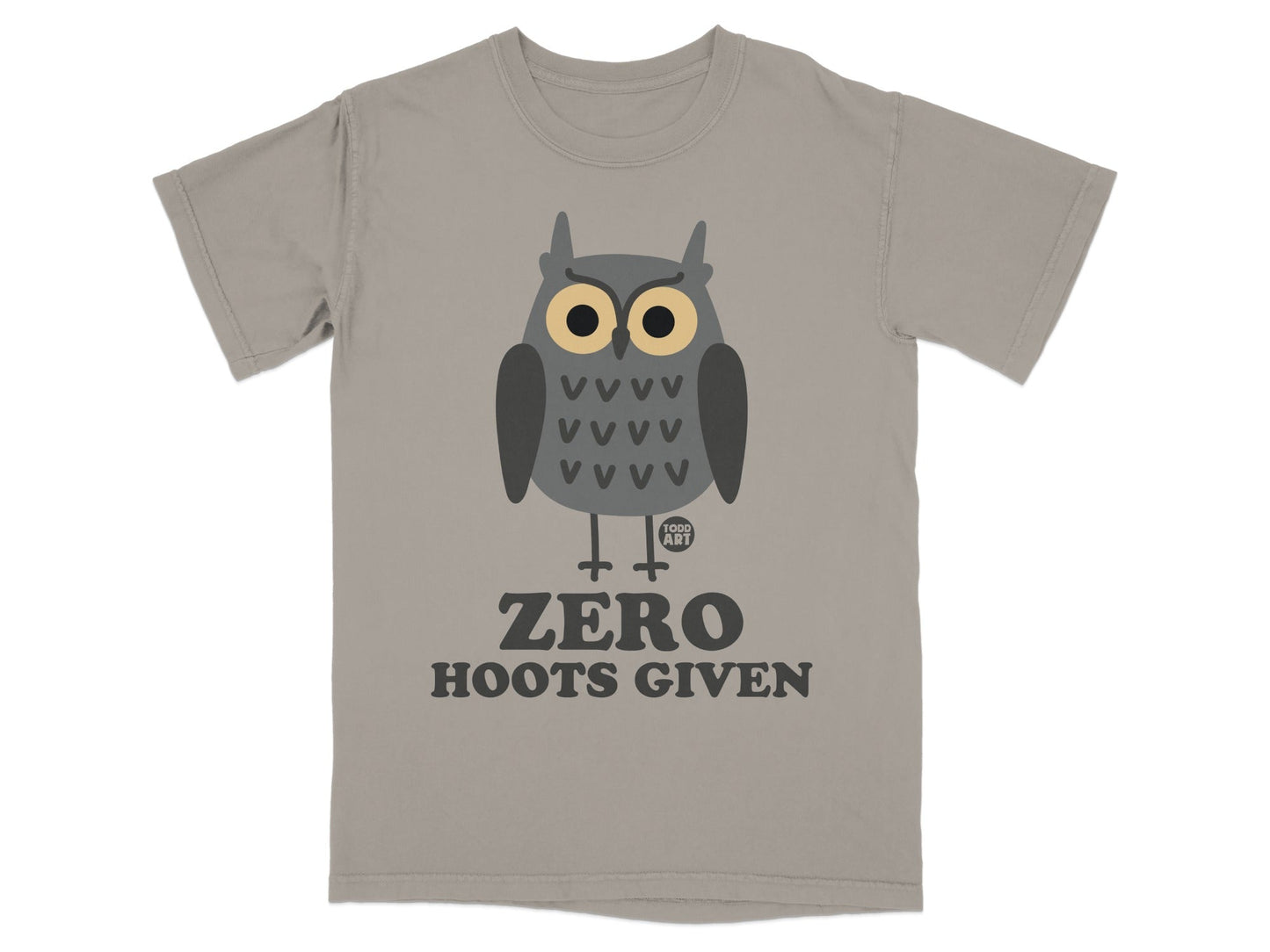 Gray t-shirt with cartoon owl and text "ZERO HOOTS GIVEN".