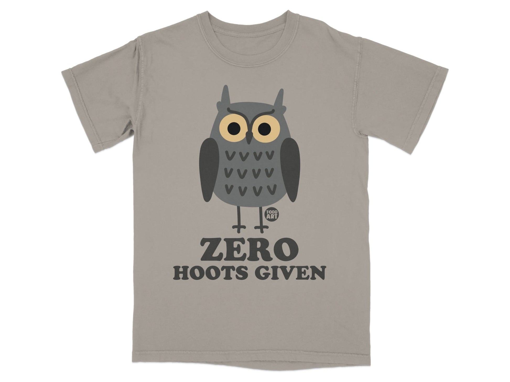 Gray t-shirt with cartoon owl and text "ZERO HOOTS GIVEN".