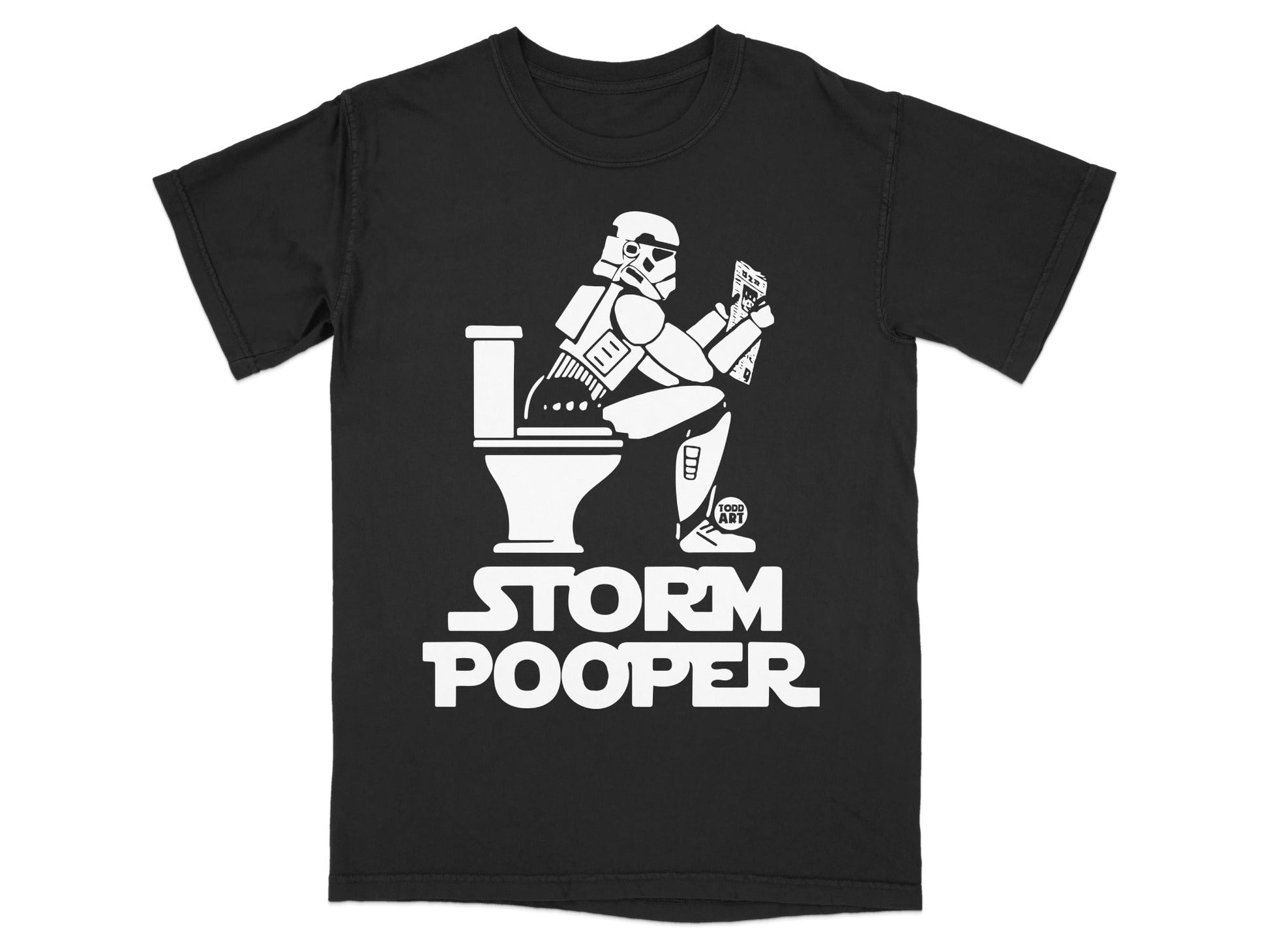 Stormtrooper sitting on toilet, reading, with "STORM POOPER" text.