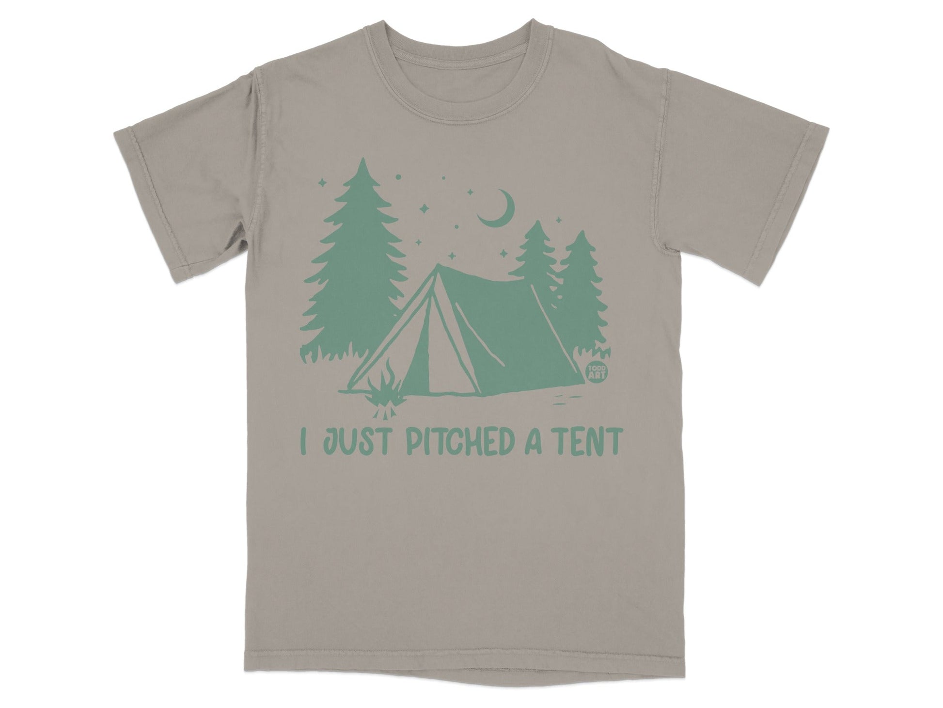 Gray t-shirt with a green graphic of a tent, campfire, and trees.