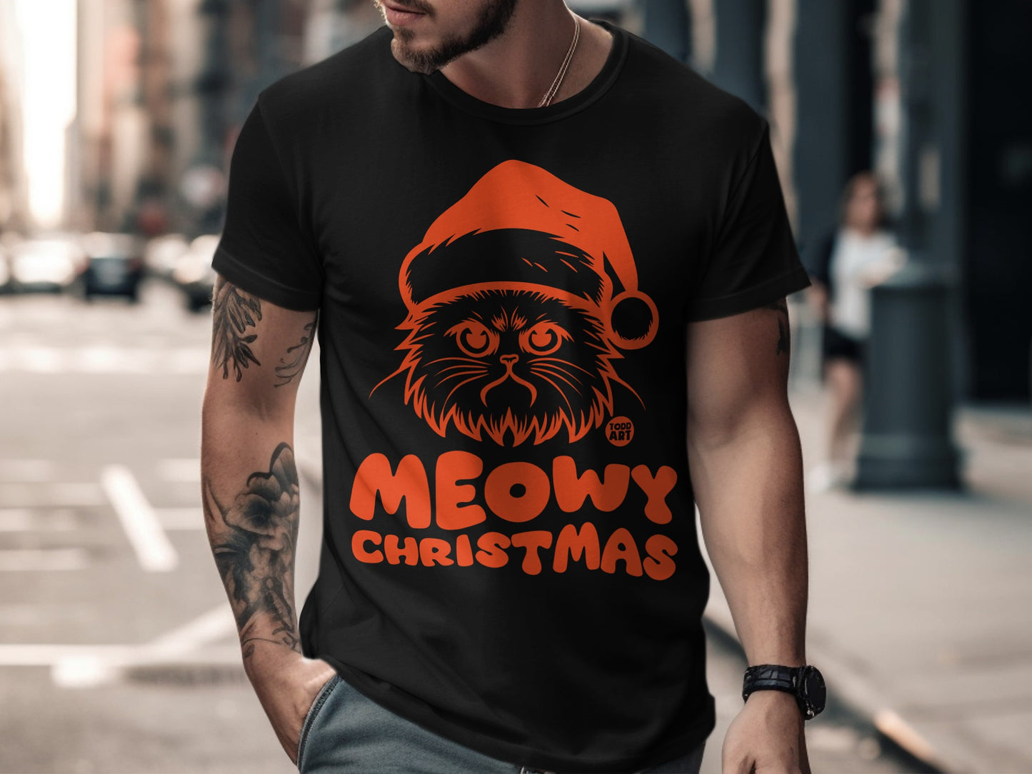Meowy Christmas T-Shirt with Santa Cat Design