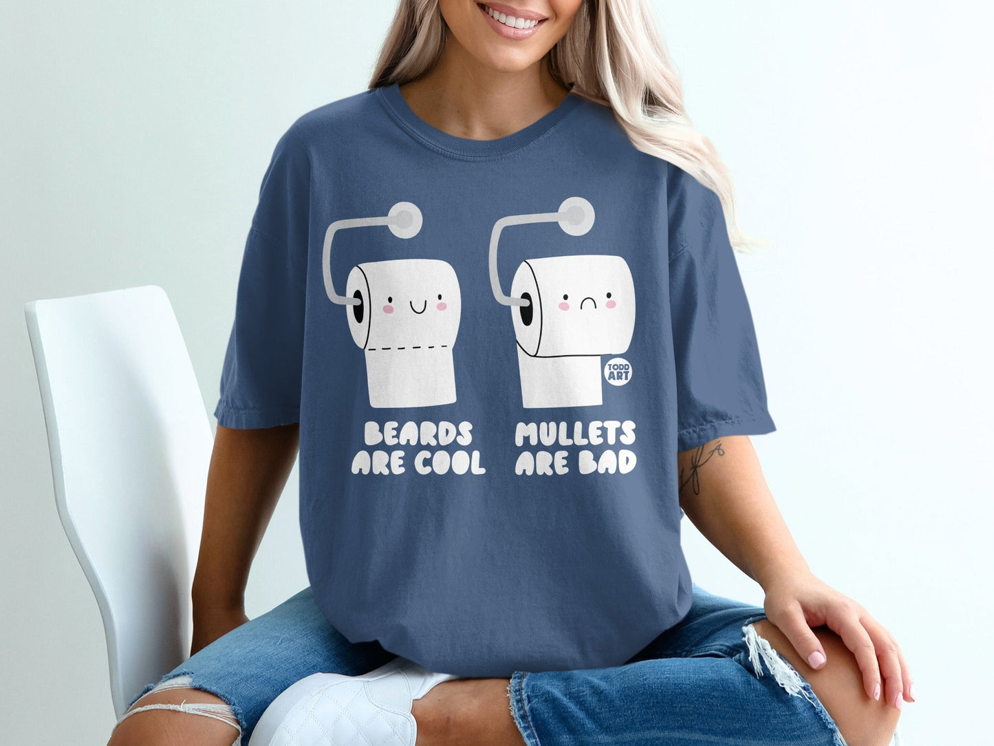 Two cartoon toilet paper rolls, one happy, one sad, with text "BEARDS ARE COOL MULLETS ARE BAD".