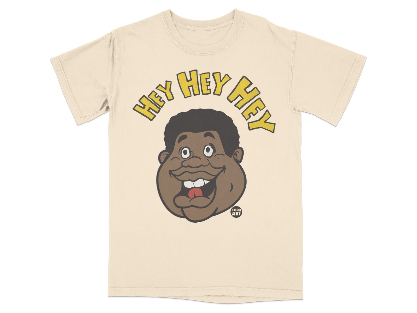 Cream t-shirt with cartoon face and "HEY HEY HEY" text.