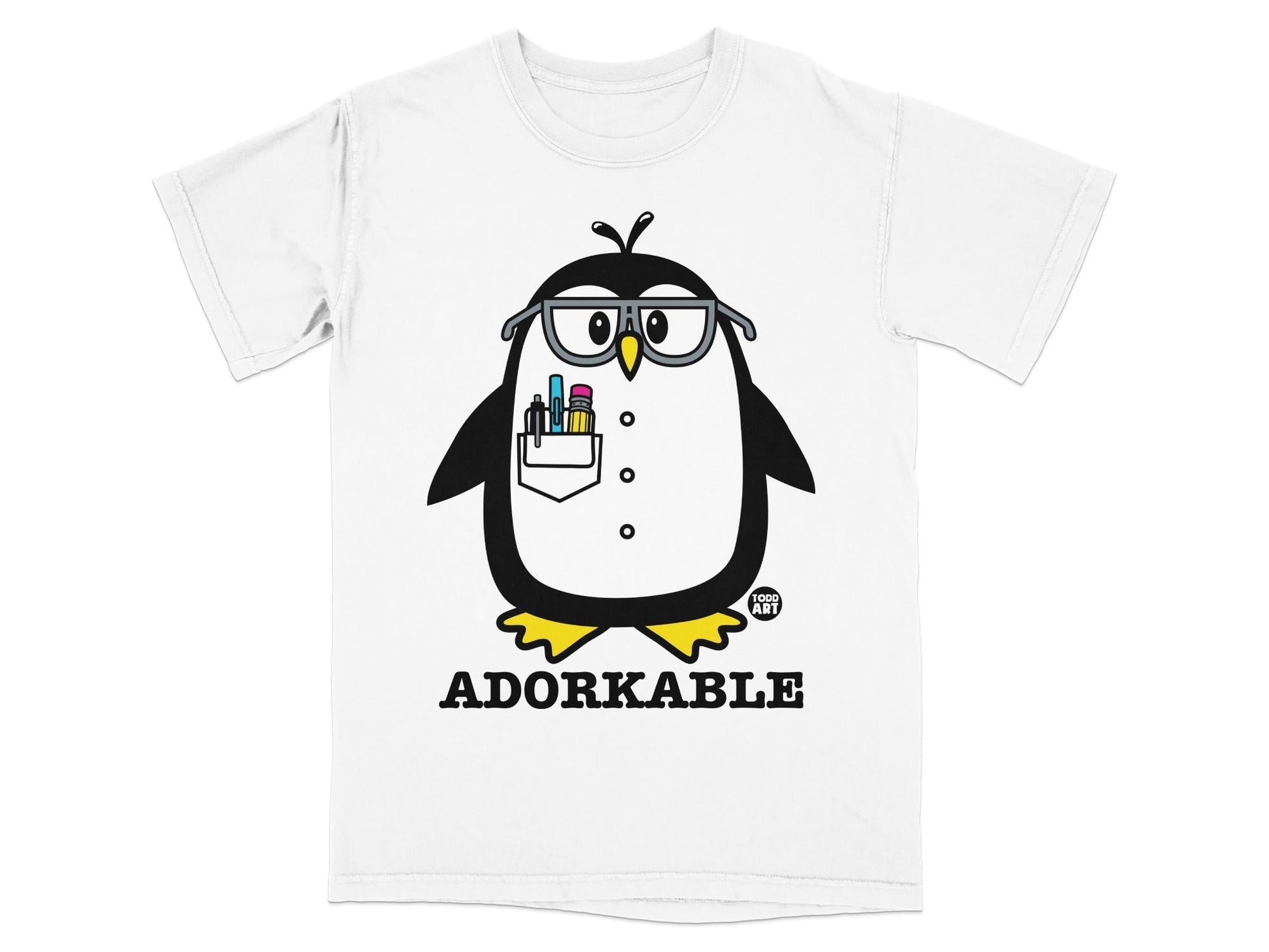 Cartoon penguin wearing glasses and holding pens in a pocket.