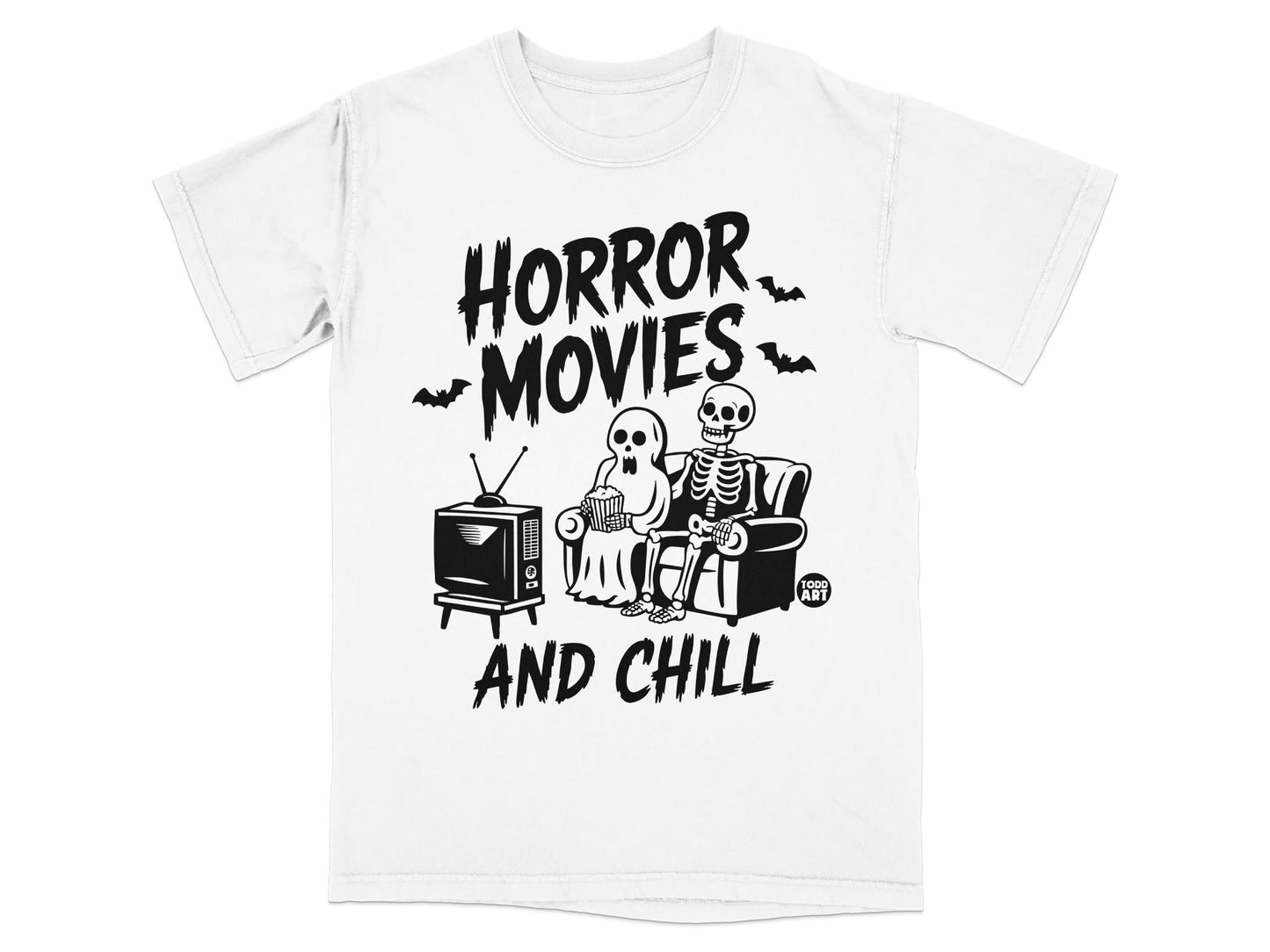 White t-shirt with black text "HORROR MOVIES AND CHILL" and skeleton couple watching TV.