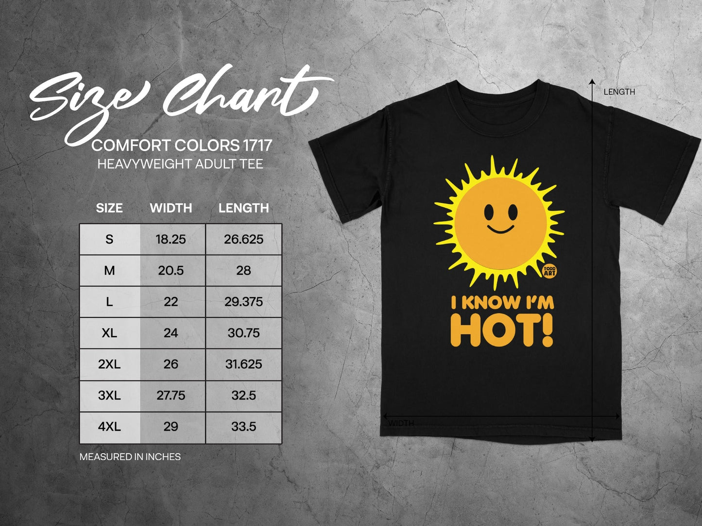 Size chart for Comfort Colors 1717 heavyweight adult tee with dimensions.