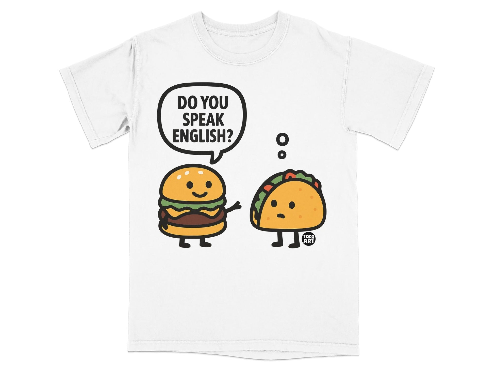 Funny Cartoon Burger and Taco Speak English T-Shirt