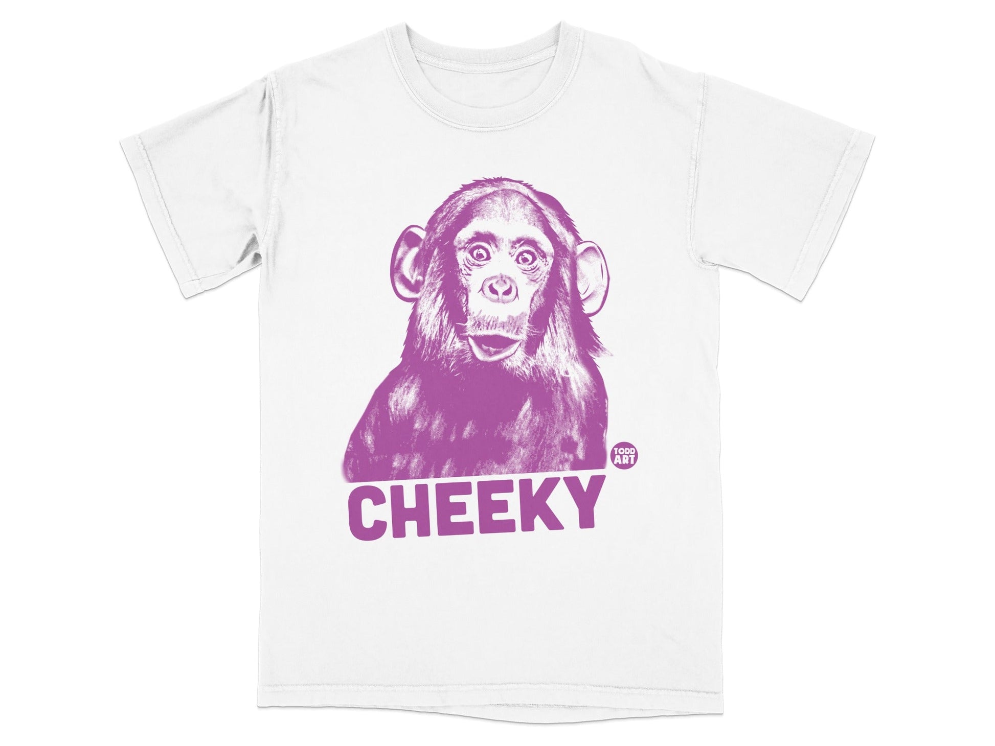 White t-shirt with a purple graphic of a chimp's face and the word "CHEEKY."